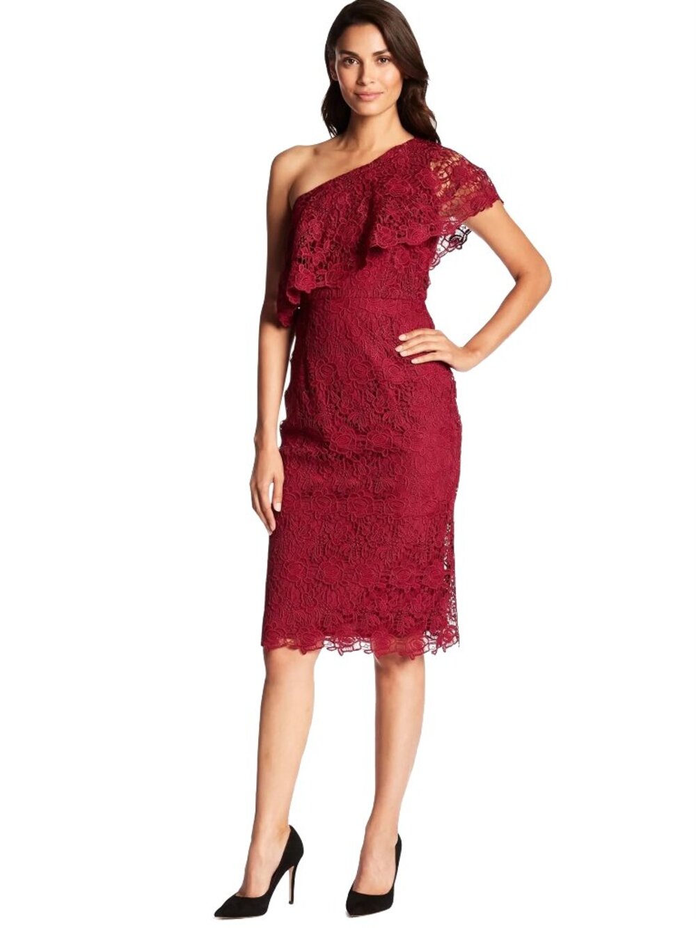 Nanette Lepore Sheath Dress Embroidered All Over Lace Cranberry Red One Shoulder